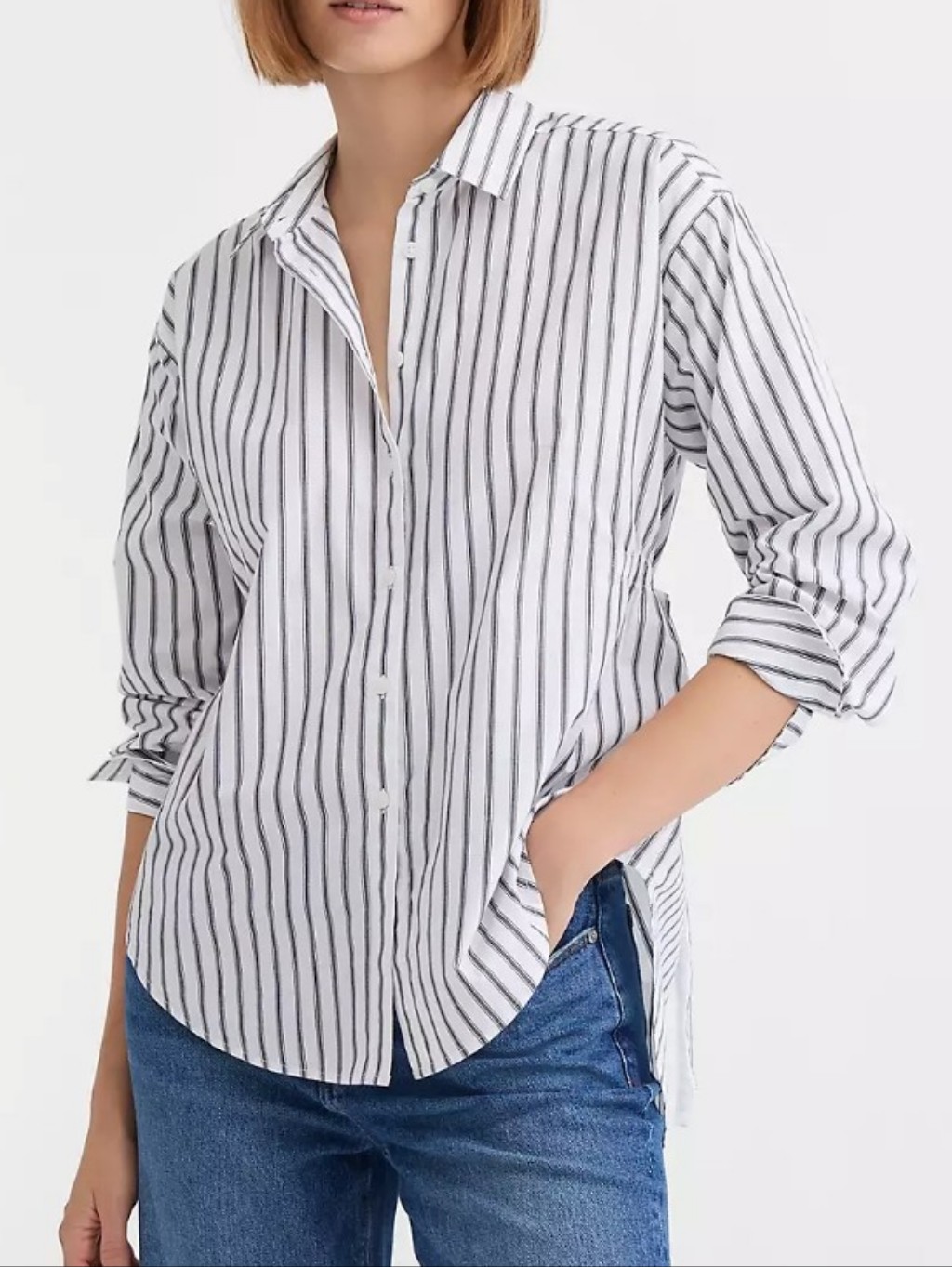 Classic Poplin Button Down Stripe Shirt - White With Black Stripe Cutout Back